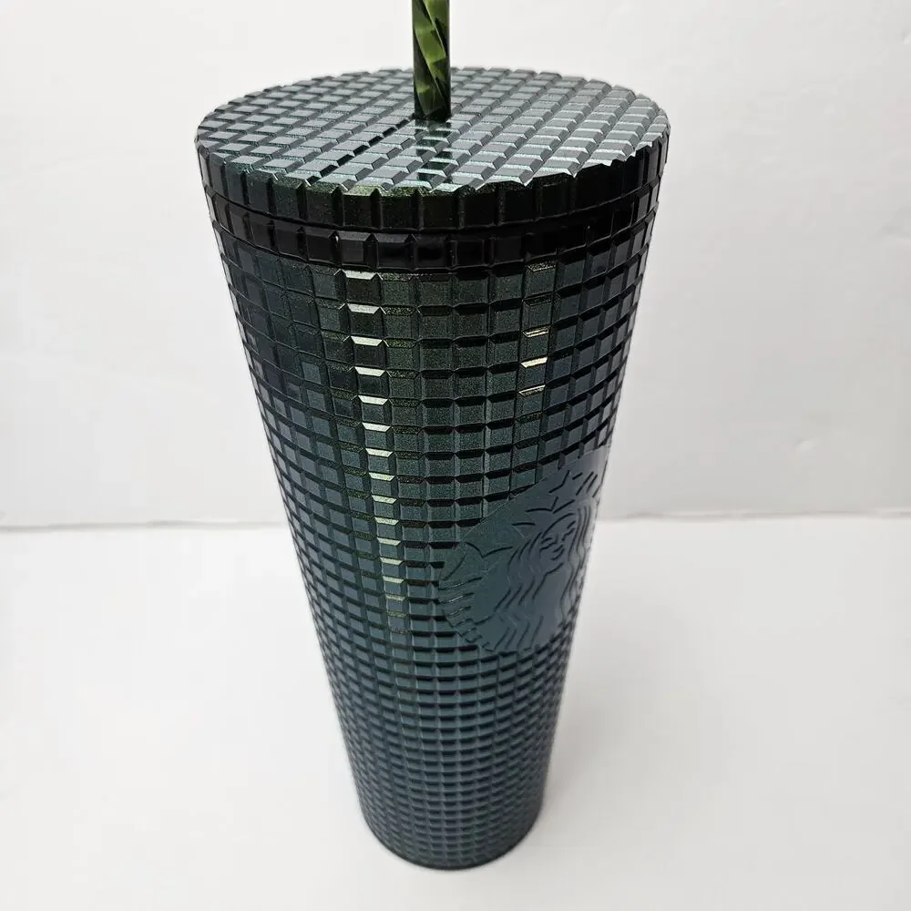 Starbucks 2021 Deep Green Disco Grid 24oz‎ Tumber Venti Straw